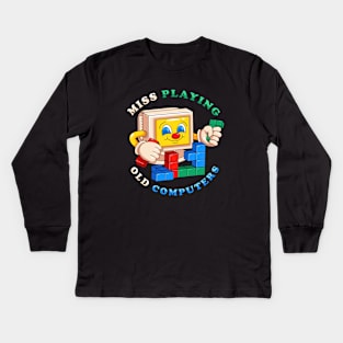 Miss playing old computer, old computer playing tetris Kids Long Sleeve T-Shirt